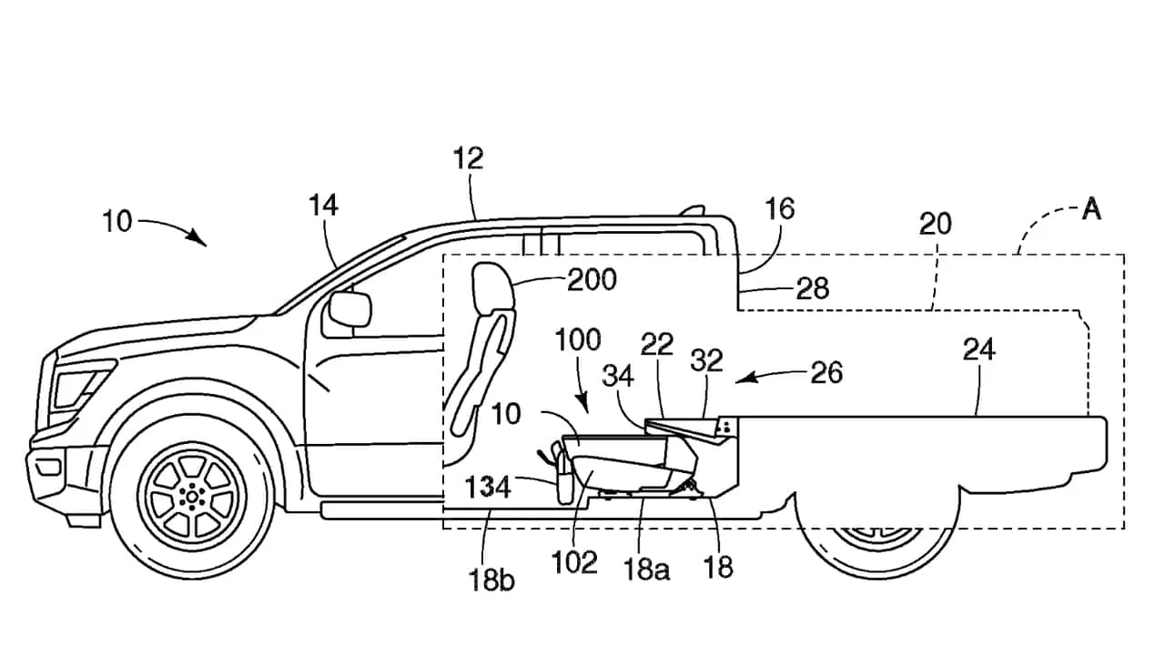 Patent illustration of a Nissan Frontier-style pickup with a midgate opening