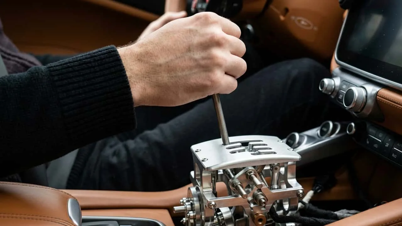 Rezvani Quick Shift open-gated electronic shifter installed in a Ferrari