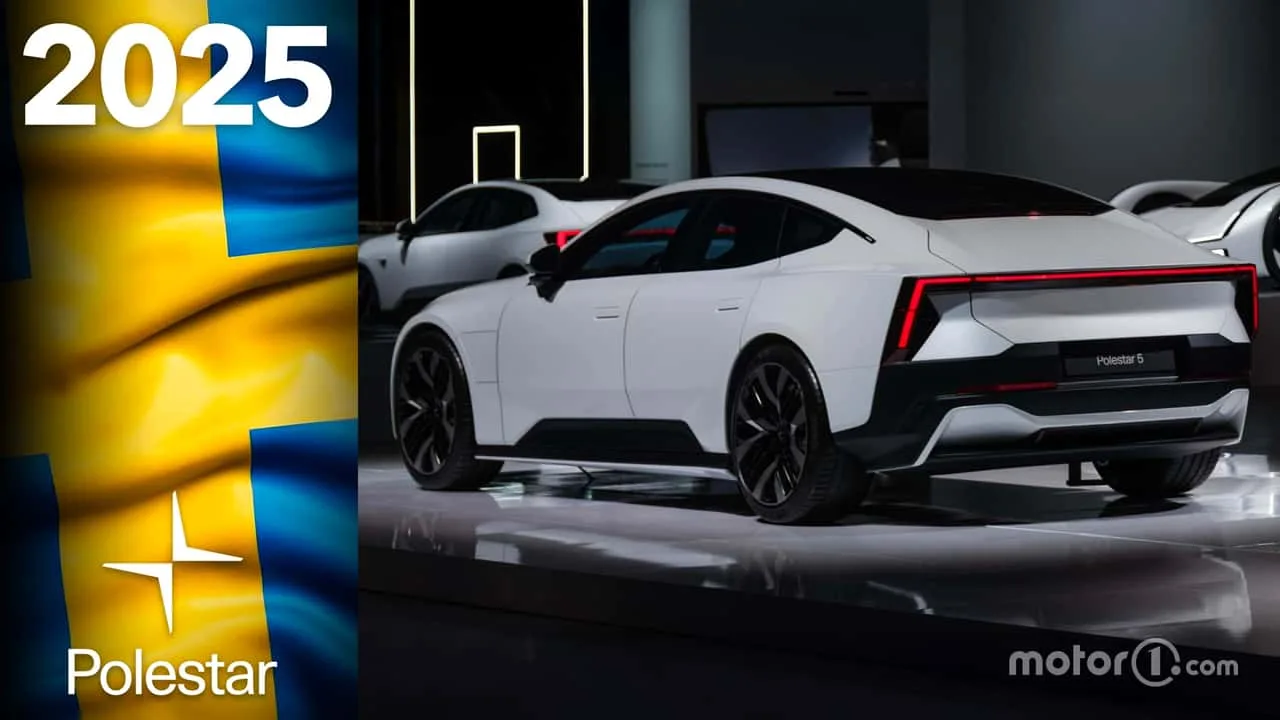 Polestar 5 electric saloon shown without camouflage in a studio setting